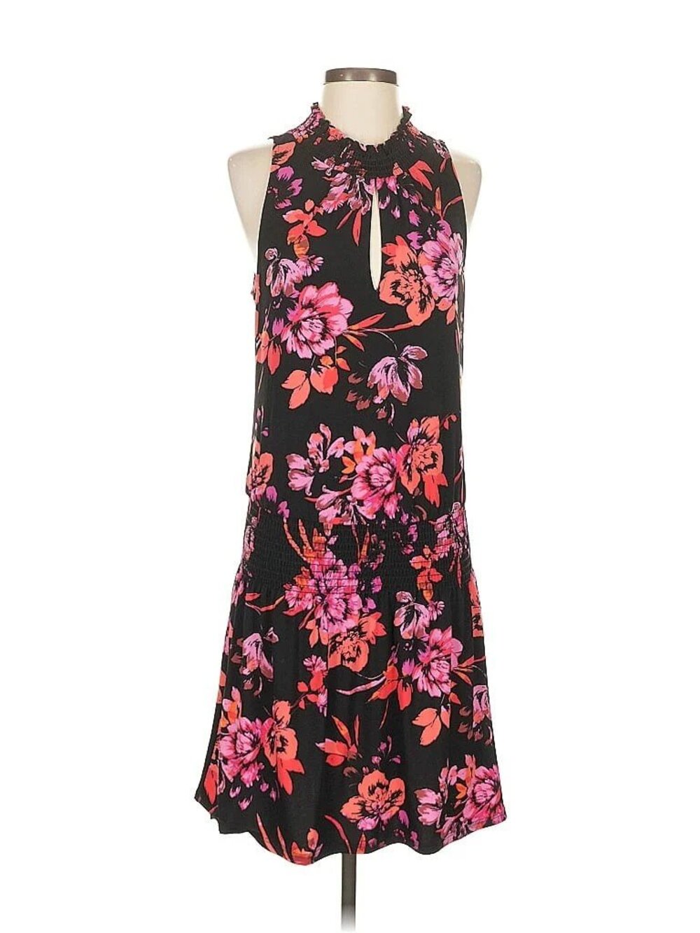 Veronica M. Black & Pink Floral Keyhole Dress - Size XS